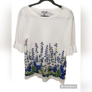 Joseph A Womens  Floral Sweater Embroidered  Bell Sleeves White